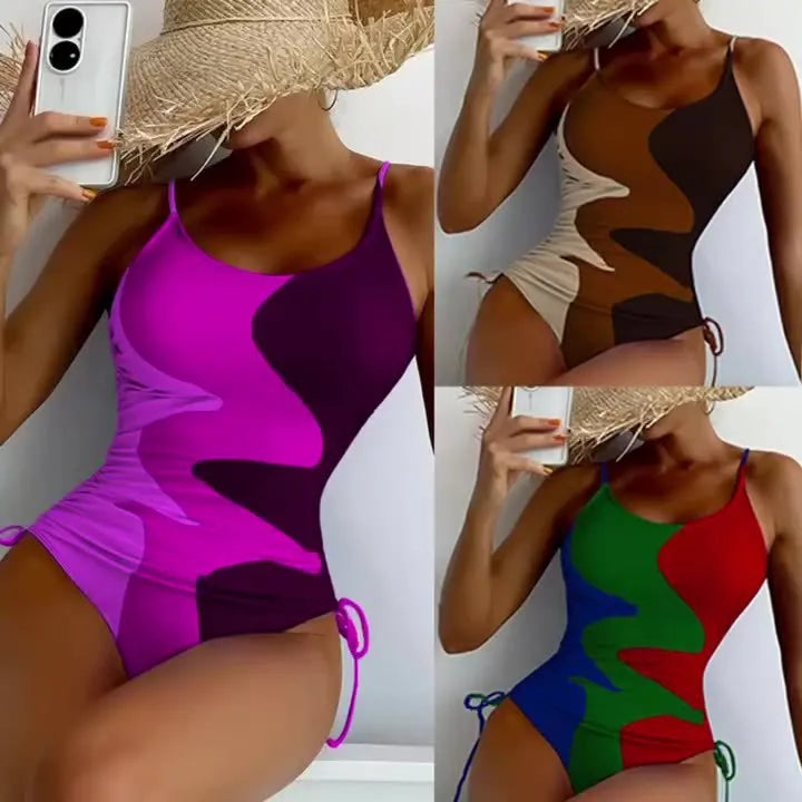 Women's sleeveless backless one-piece swimsuit in blue, purple, brown, or green.