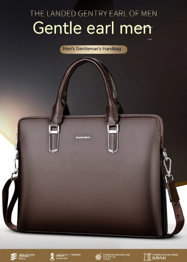 Men's PU leather handbag with litchi pattern, double pull opening, and telescopic handle in black and brown colours