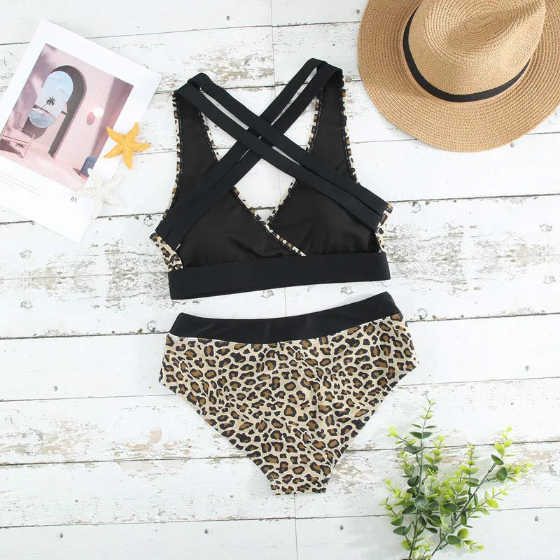 Leopard print bikini set with cross band V-neck top and split bottom swimsuit