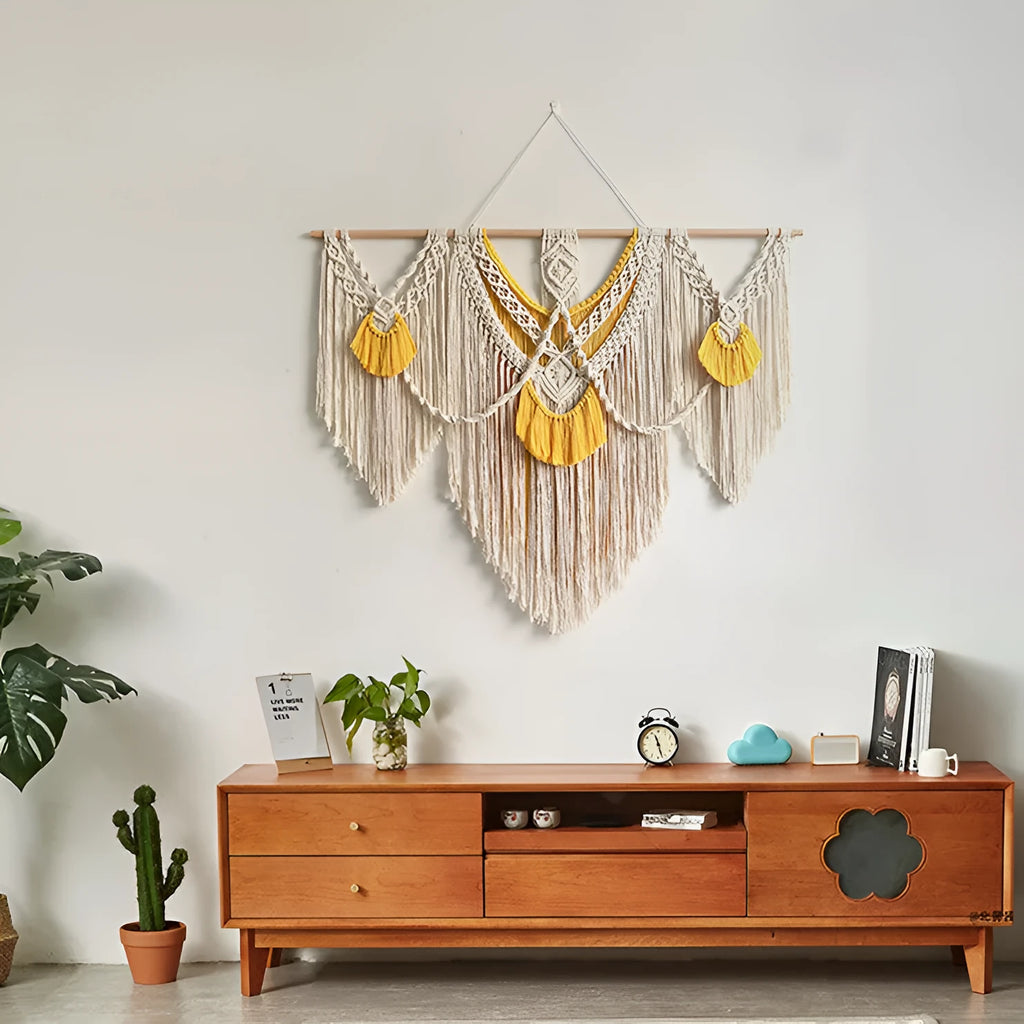 Handmade Nordic style cotton tapestry wall hanging creamy white 120x95cm rectangular