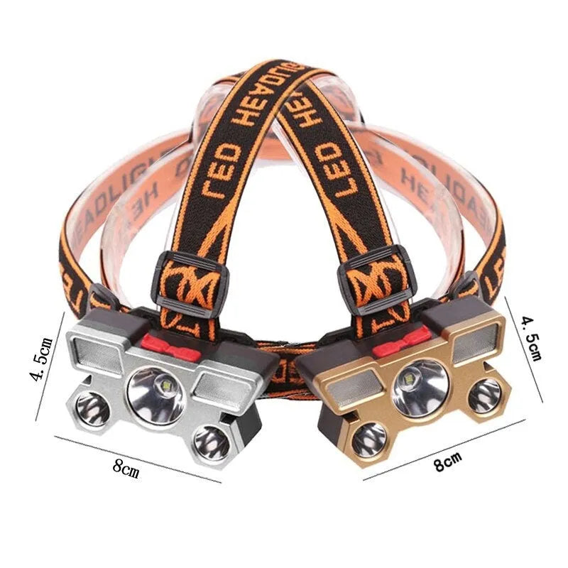 10W super bright LED head-mounted miner's lamp flashlight with adjustable head strap.