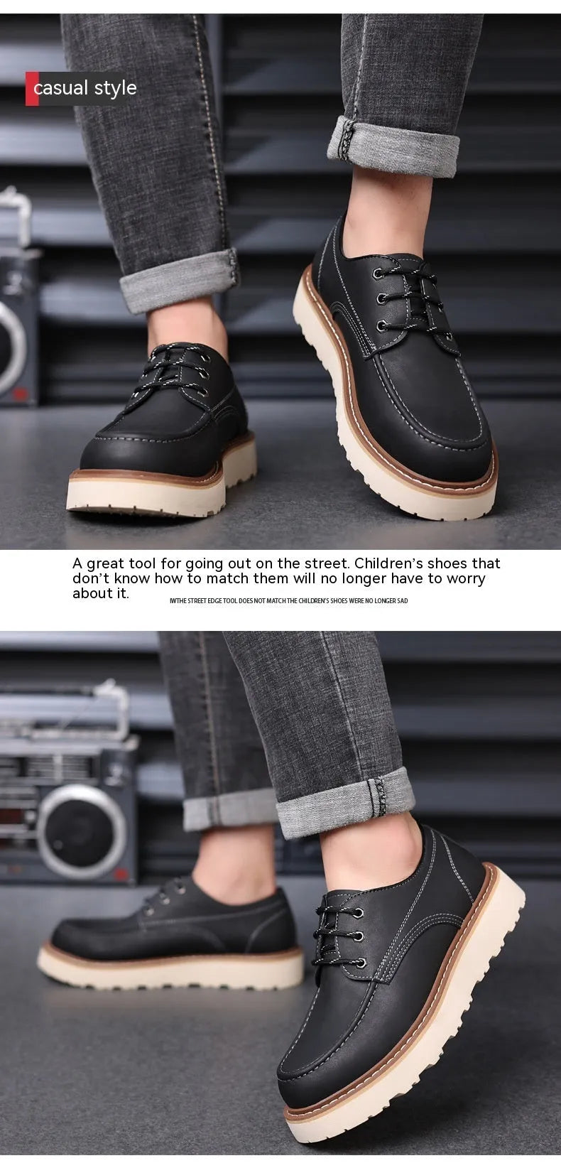 Men's black low-top retro Martin boots with a round toe and non-slip rubber sole.