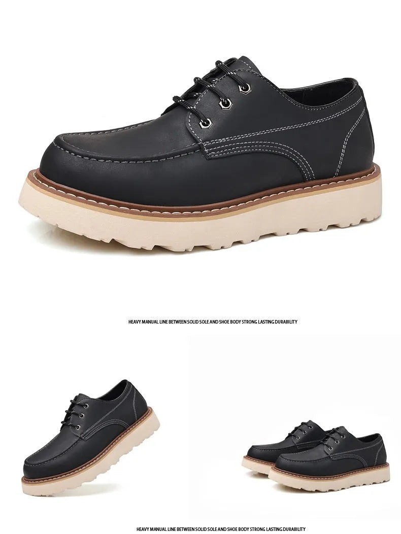 Men's black low-top retro Martin boots with a round toe and non-slip rubber sole.
