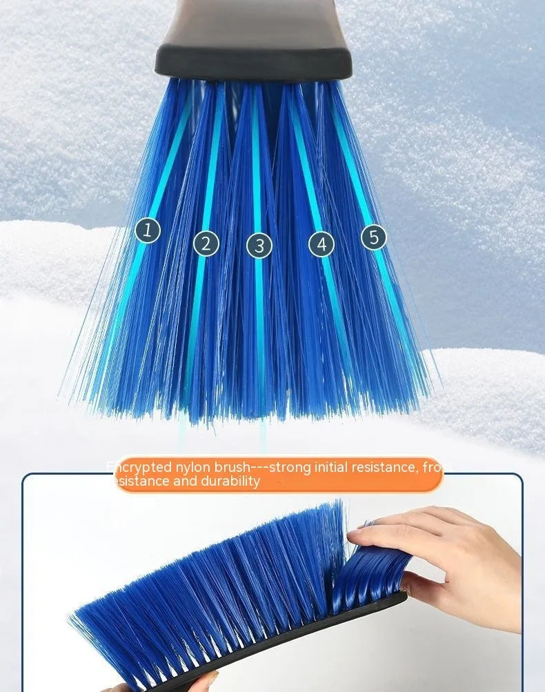 Yellow and blue telescopic car snow brushes with a separate black snow ploughing blade on a white background.