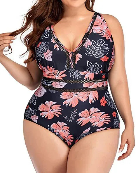 Plus size black print women's bikini swimsuit made from polyester mesh fabric.