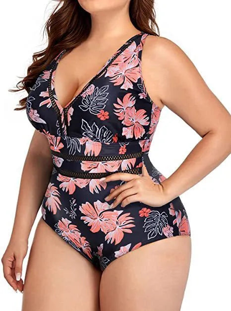 Plus size black print women's bikini swimsuit made from polyester mesh fabric.