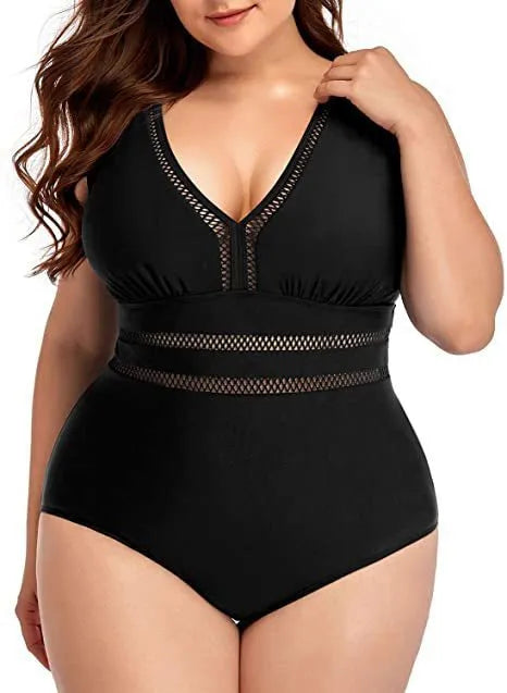 Plus size black print women's bikini swimsuit made from polyester mesh fabric.