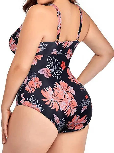 Plus size black print women's bikini swimsuit made from polyester mesh fabric.