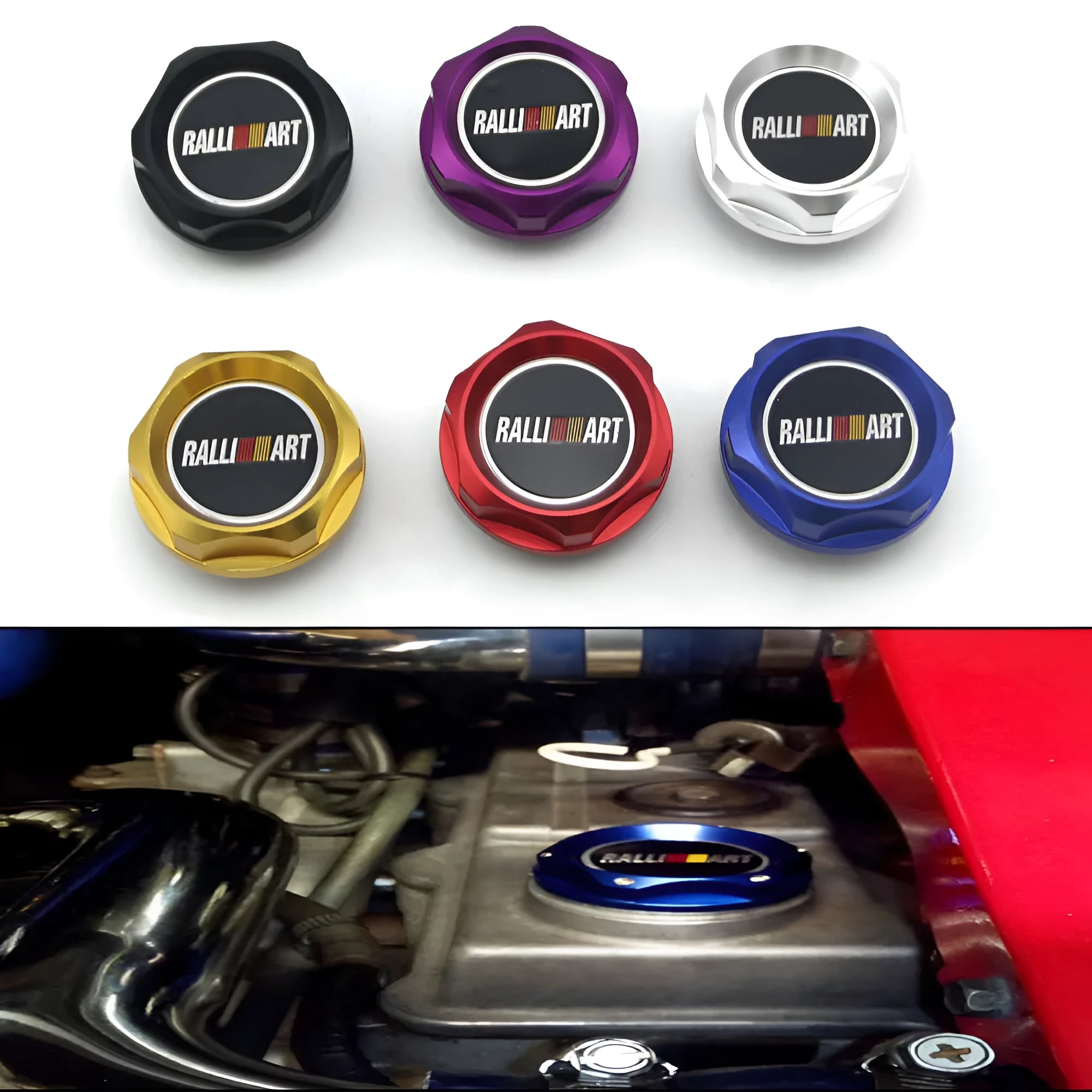 Aluminium alloy oil filter cap for Mitsubishi cars in six colour options.