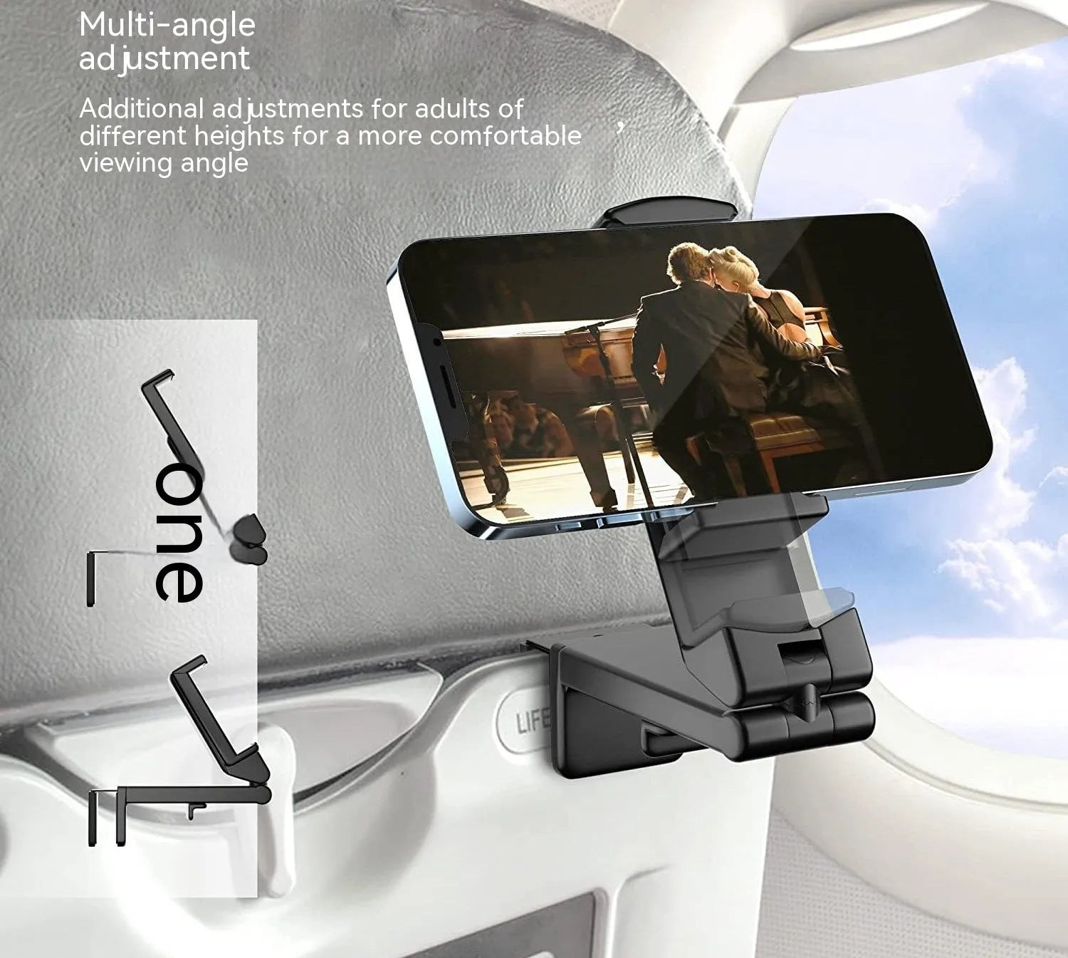 Black foldable and rotating universal mobile phone holder on a table.