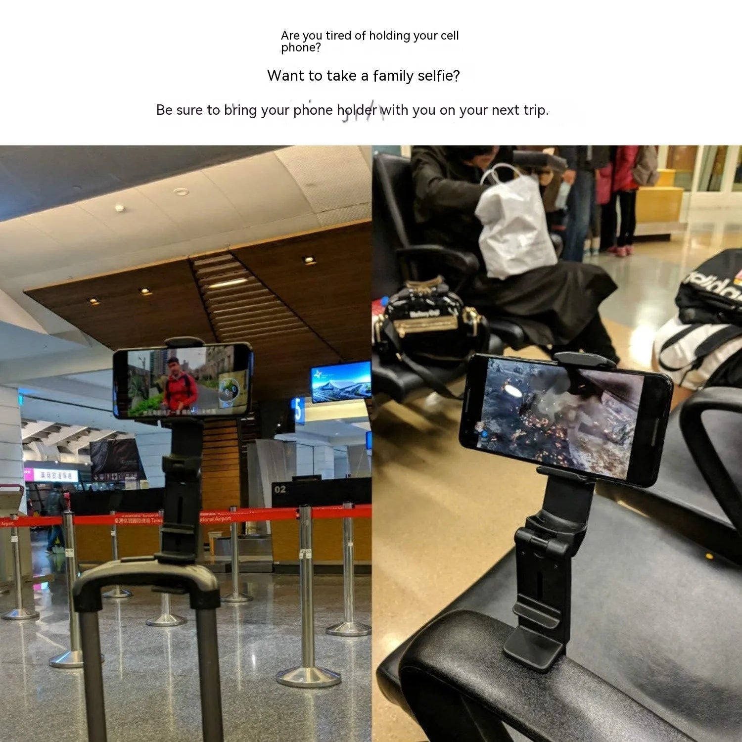 Black foldable and rotating universal mobile phone holder on a table.