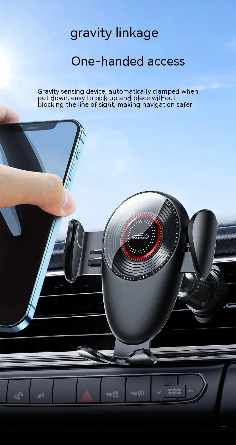 Black car phone bracket mounted on car air vent with mechanical support frame