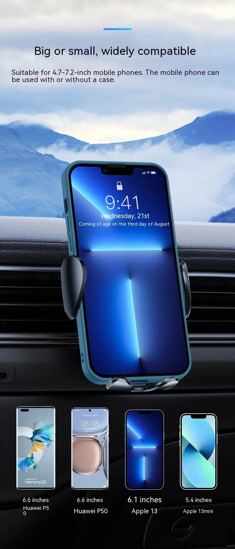 Black car phone bracket mounted on car air vent with mechanical support frame
