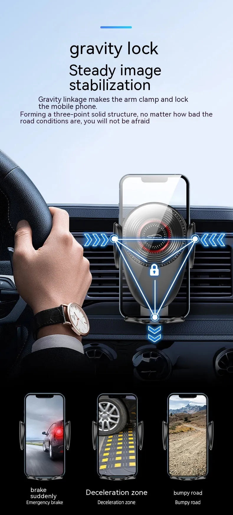 Black car phone bracket mounted on car air vent with mechanical support frame