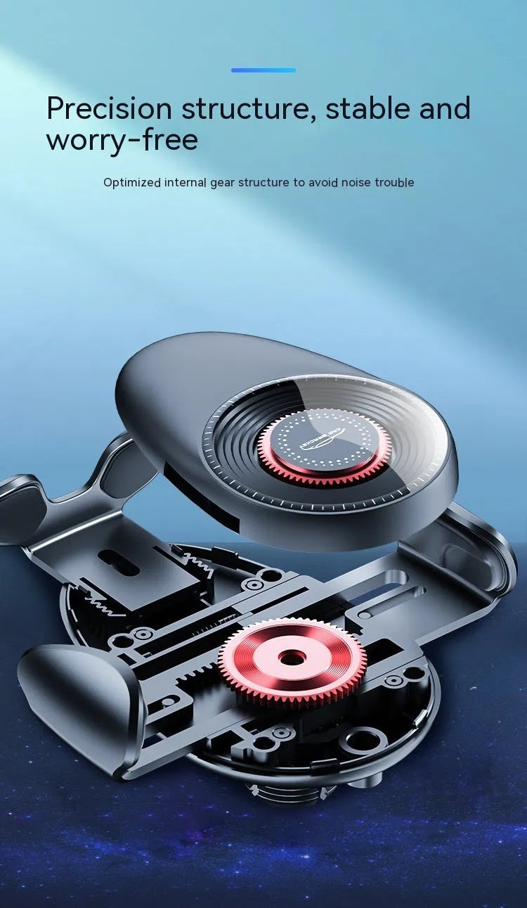 Black car phone bracket mounted on car air vent with mechanical support frame