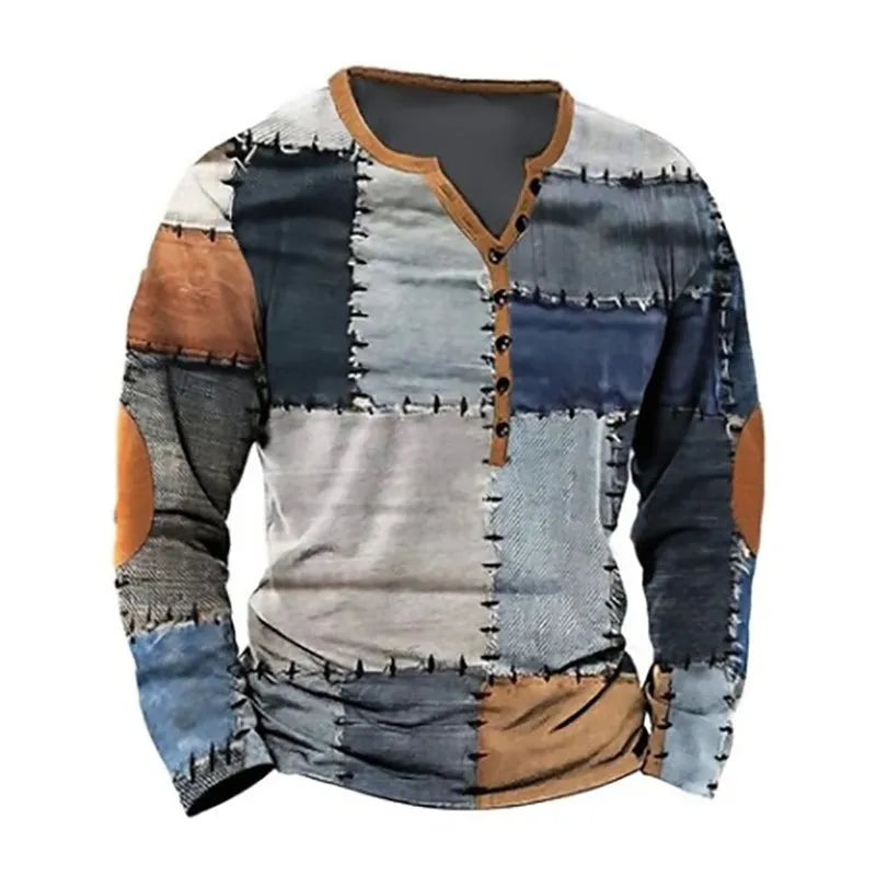 Women's open placket top with buttons, 3D digital printed ethnic pattern, loose fit polyester blouse, sizes S to 3XL