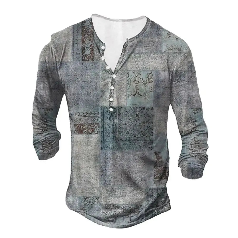 Women's open placket top with buttons, 3D digital printed ethnic pattern, loose fit polyester blouse, sizes S to 3XL