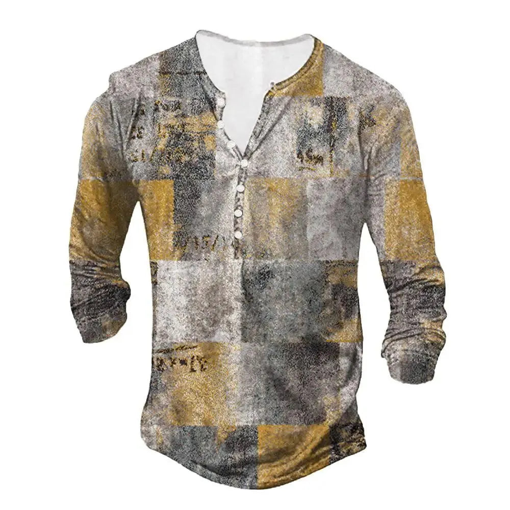 Women's open placket top with buttons, 3D digital printed ethnic pattern, loose fit polyester blouse, sizes S to 3XL