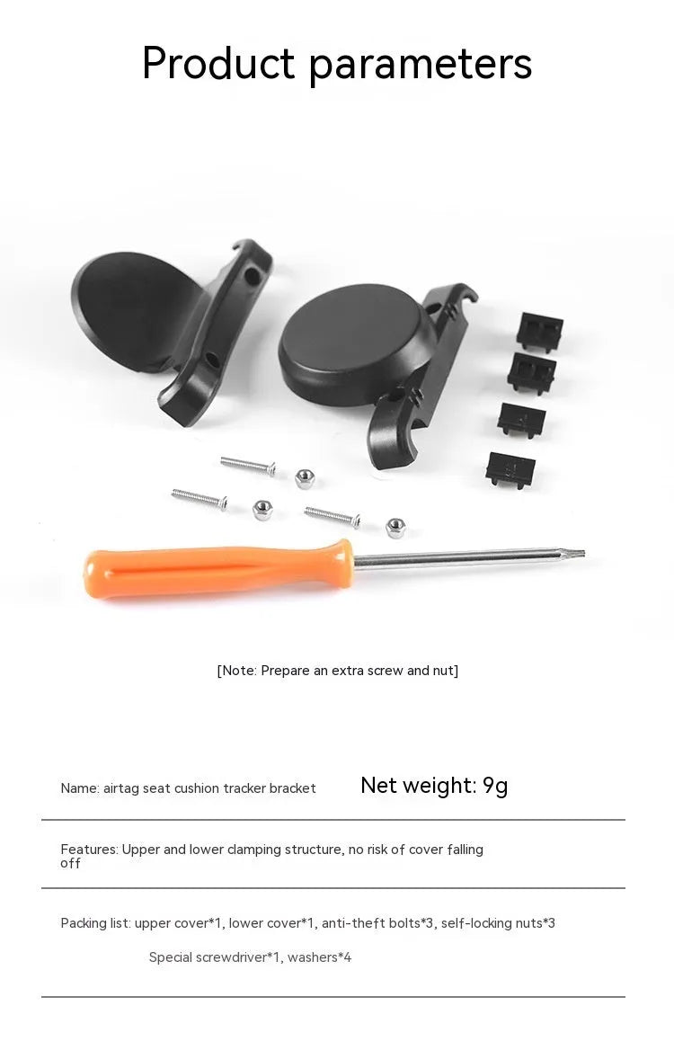 Black ABS plastic bicycle tracking locator bracket with anti-theft bolts and mounting hardware