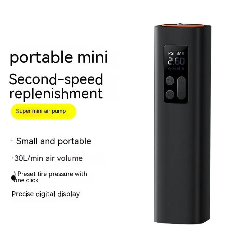 Black super mini car digital tyre inflator with display screen and 12V power connection