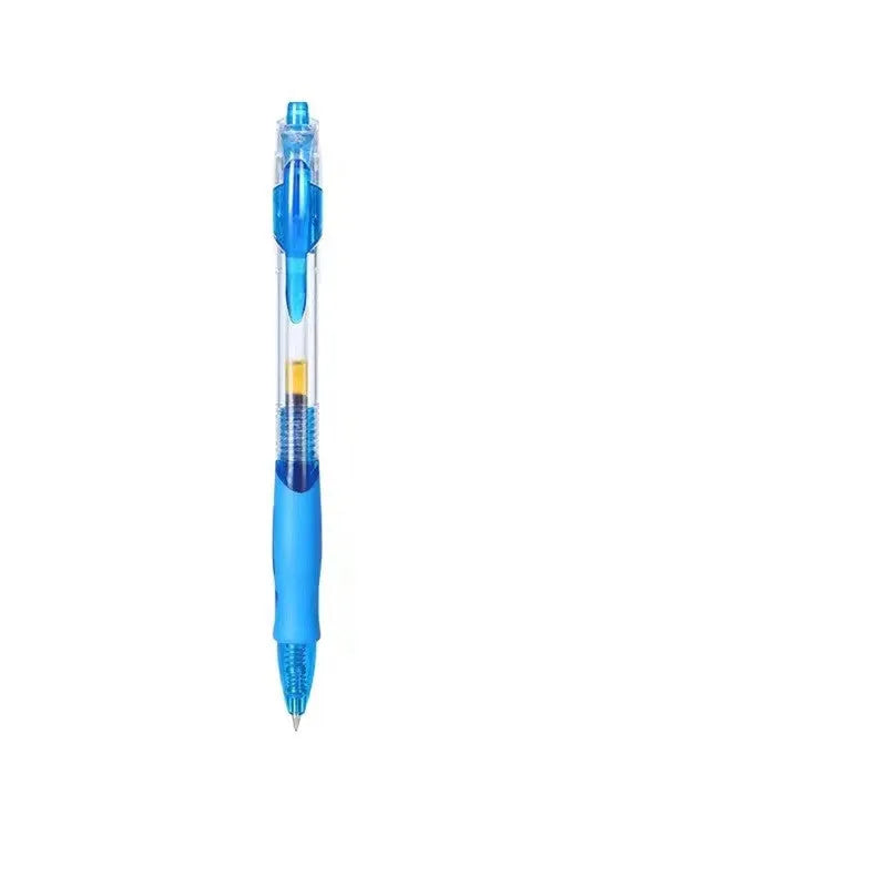 A single plastic gel pen with a 0.5mm tip, shown with black, blue, and red ink colour options.