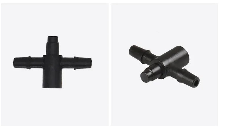 White PE plastic tee water distributor joint for micro spray irrigation system.