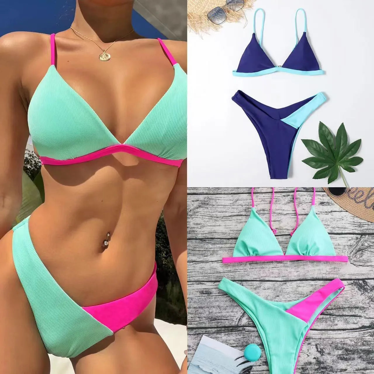 Women's European and American style nylon swimsuit bikini set in briefs cut with bra and separate panties