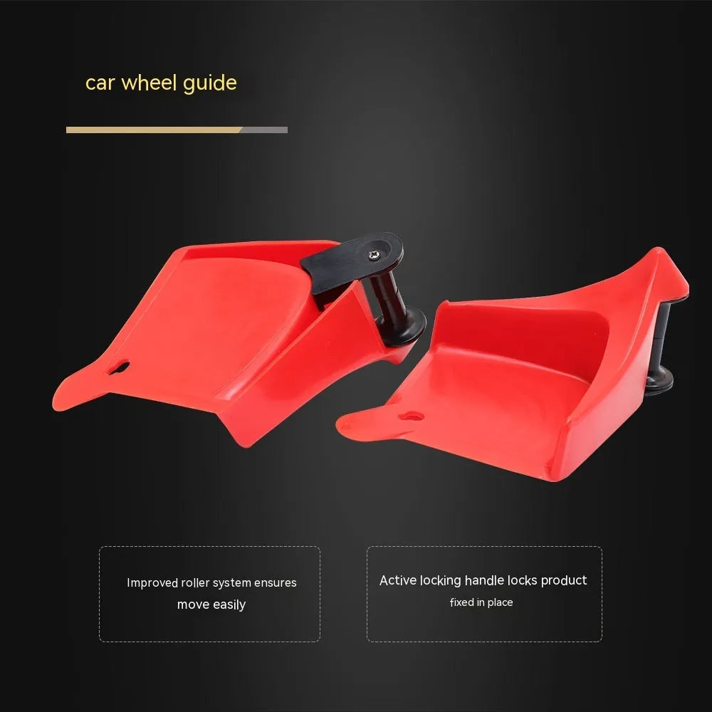 Red plastic parking chock set of four pieces with non-slip rubber surface