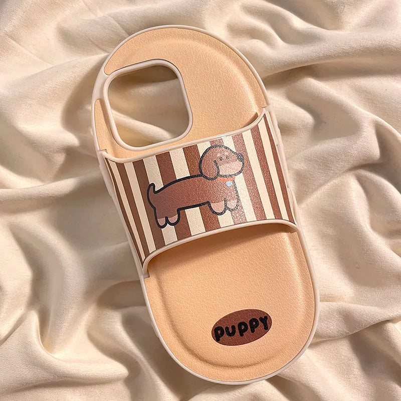 Cartoon dog slippers silicone phone case for iPhone 15 Pro Max in khaki colour