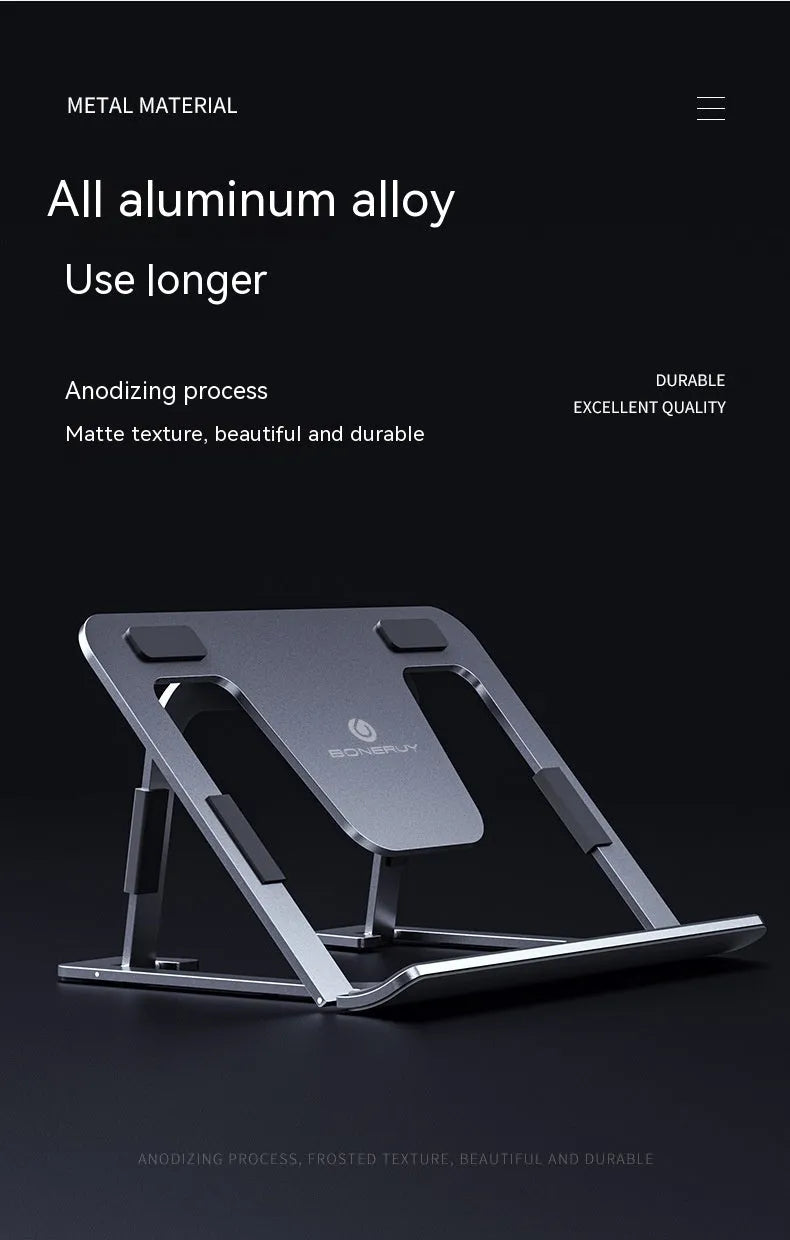 Foldable aluminium alloy tablet and phone holder in dark gray on a desk