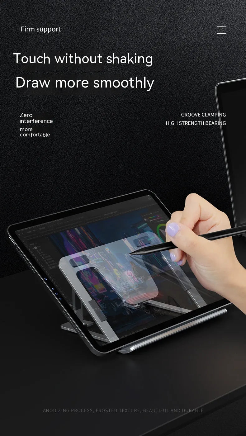 Foldable aluminium alloy tablet and phone holder in dark gray on a desk