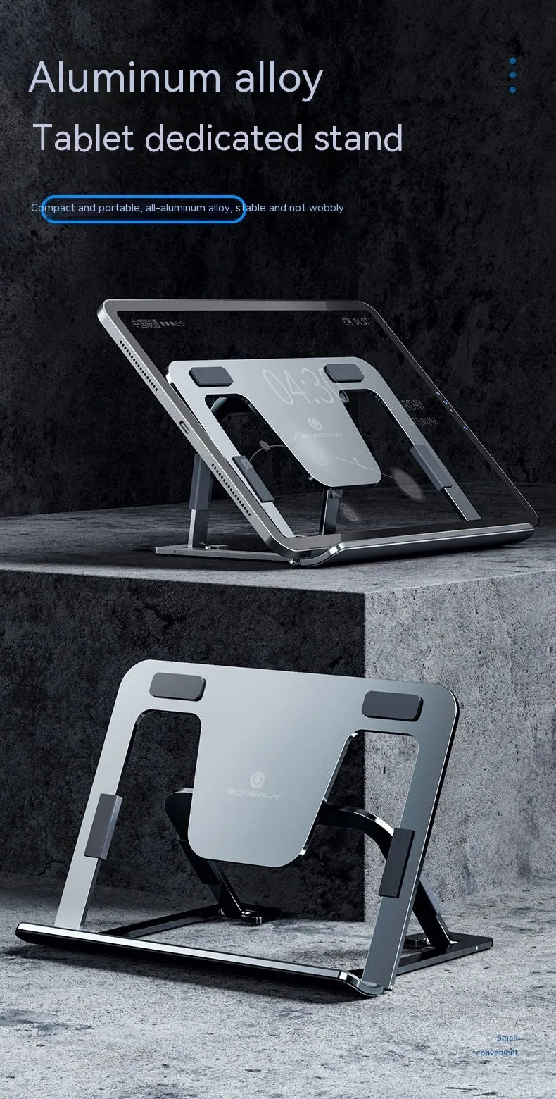 Foldable aluminium alloy tablet and phone holder in dark gray on a desk