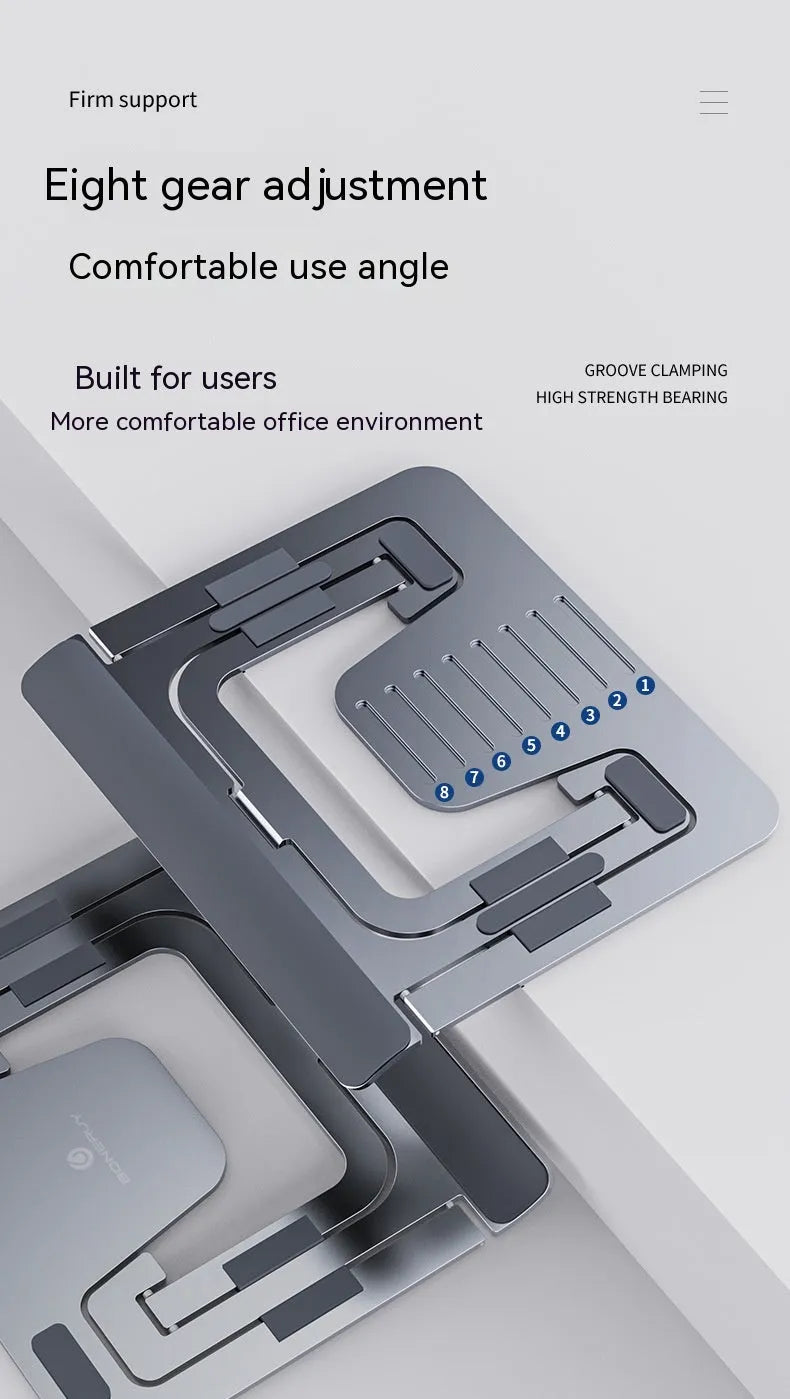 Foldable aluminium alloy tablet and phone holder in dark gray on a desk