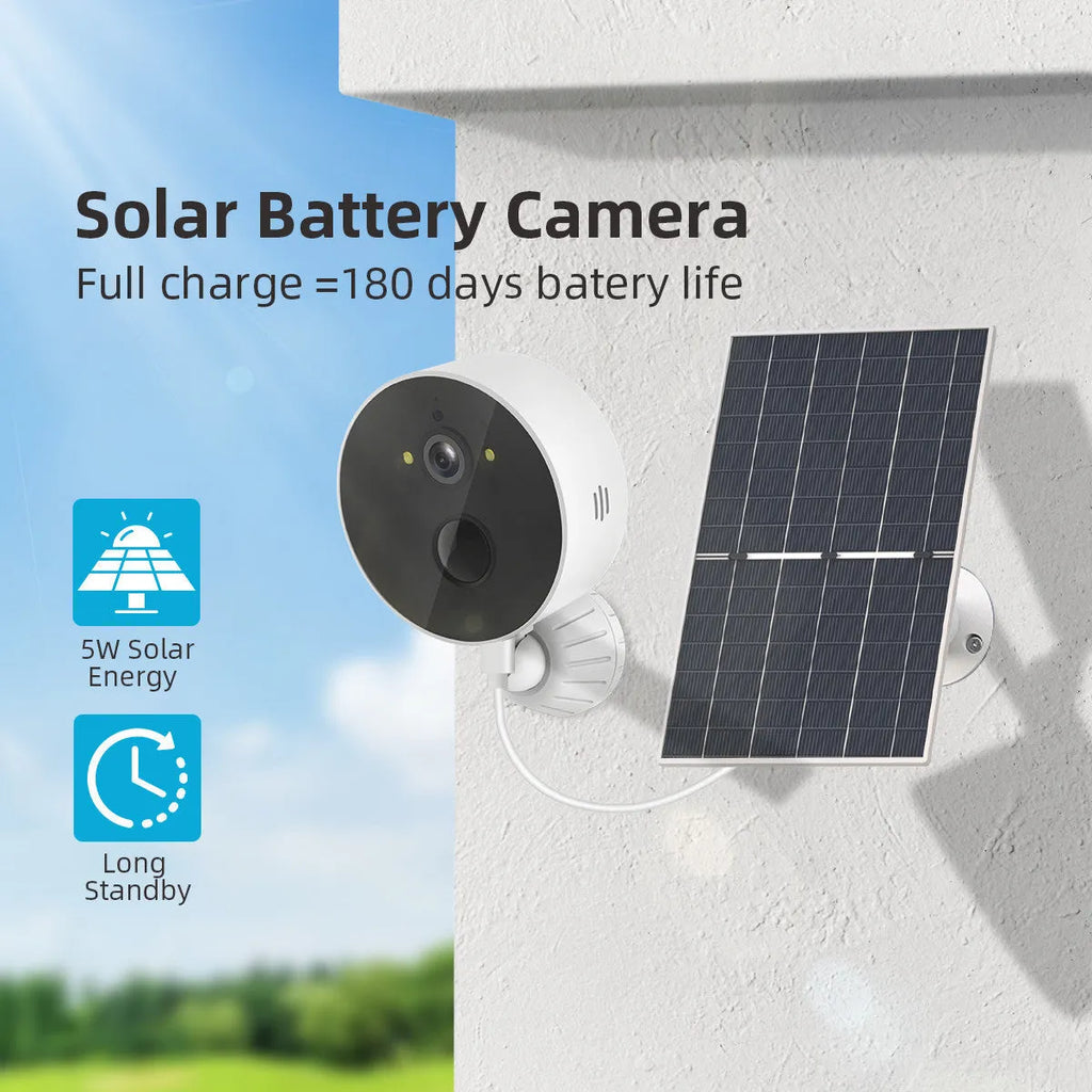Outdoor security camera with separate solar panel on a wall mount for garden surveillance.