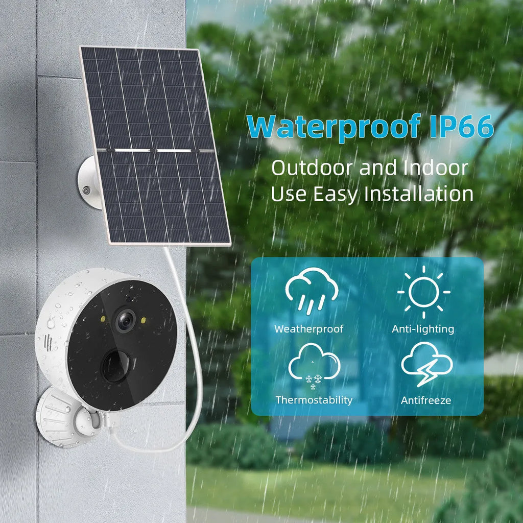 Outdoor security camera with separate solar panel on a wall mount for garden surveillance.