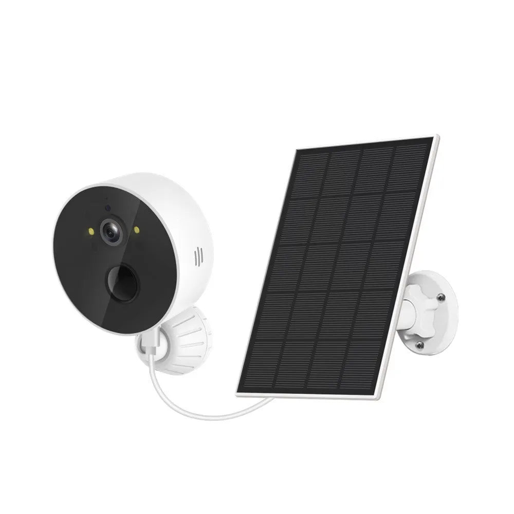 Outdoor security camera with separate solar panel on a wall mount for garden surveillance.