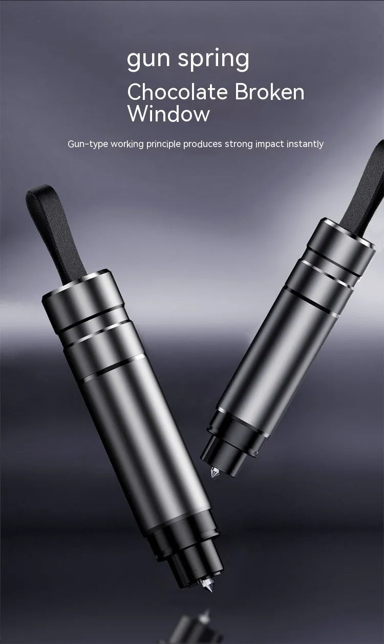 Aluminium alloy car safety hammer with seatbelt cutter in black, showing 20mm by 88mm size.