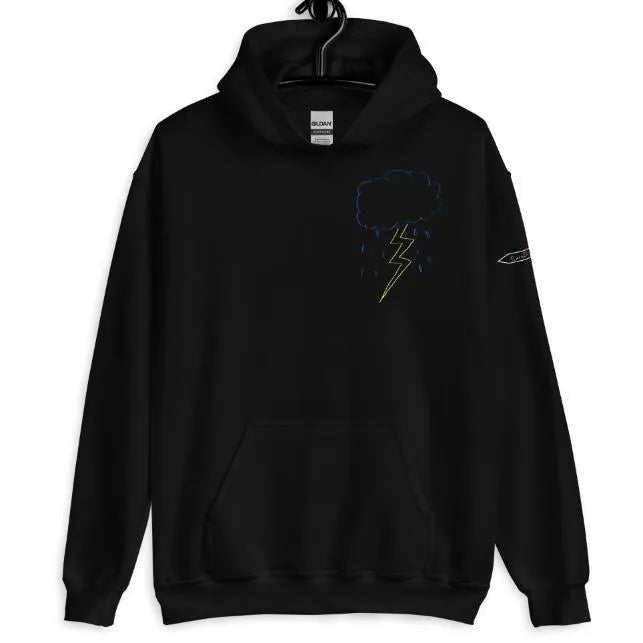Cartoon printed hooded sweatshirt in black, slim fit polyester pullover for youth, front view