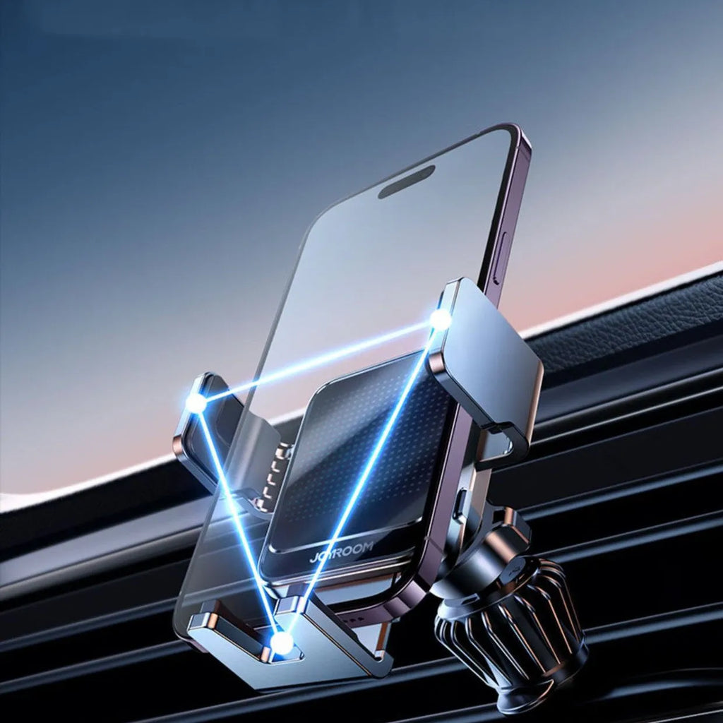 Black car wireless charging bracket mounted on air vent, showing phone being placed on automatic holder.