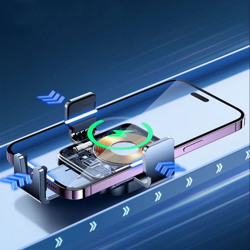 Black car wireless charging bracket mounted on air vent, showing phone being placed on automatic holder.