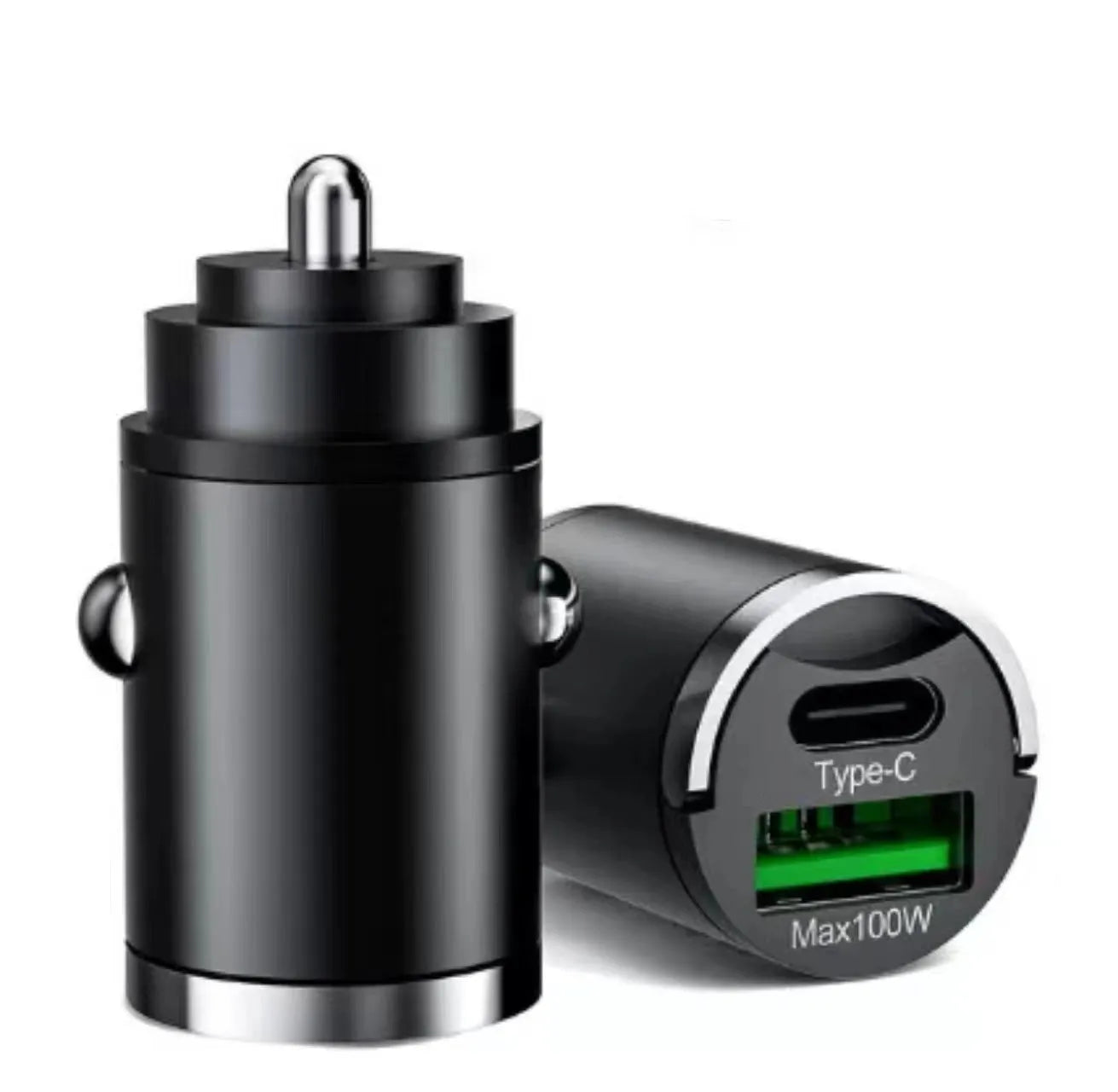 Black metal car charger with a pull-tab, labelled as 100W Super Fast Charge.