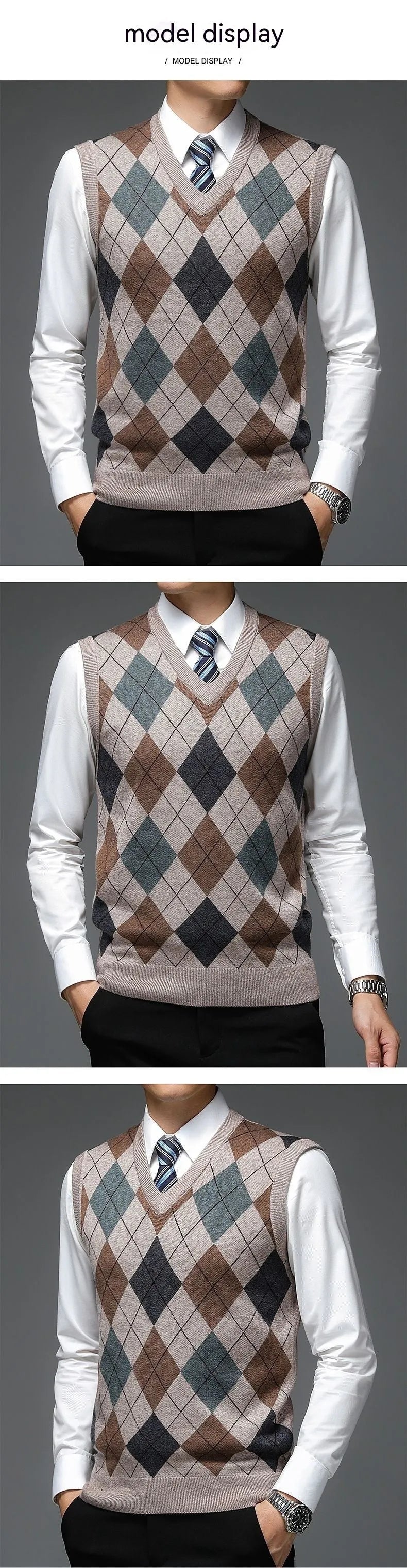 Men's autumn winter V-neck sleeveless wool knit vest in five colours and five patterns, sizes M to XXXL