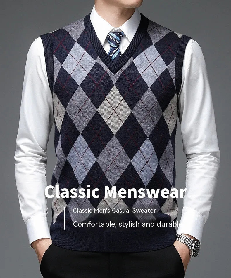 Men's autumn winter V-neck sleeveless wool knit vest in five colours and five patterns, sizes M to XXXL