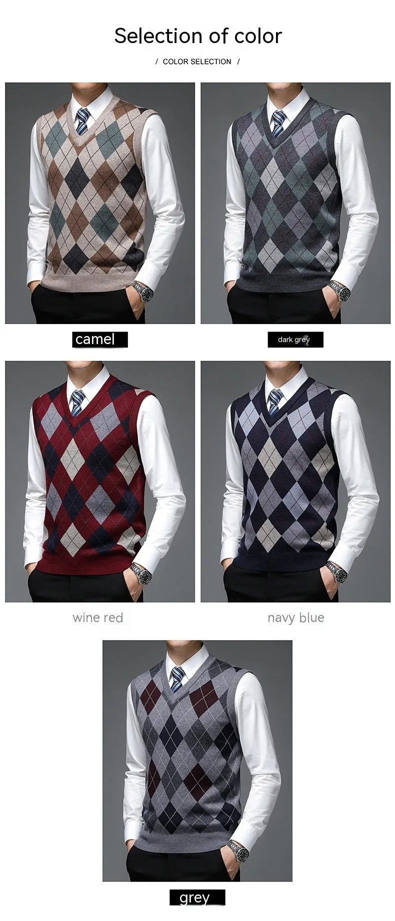 Men's autumn winter V-neck sleeveless wool knit vest in five colours and five patterns, sizes M to XXXL