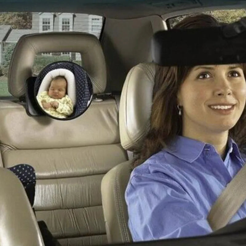 Black baby safety seat rearview mirror with 17cm circular glass mounted on square ABS chassis