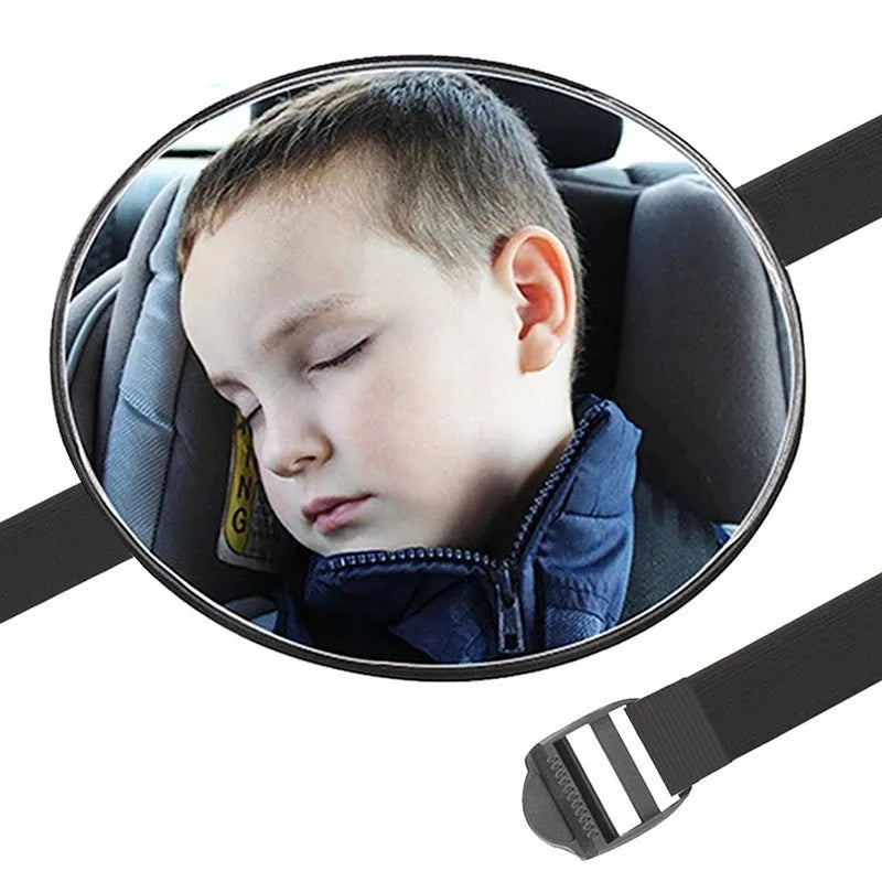 Black baby safety seat rearview mirror with 17cm circular glass mounted on square ABS chassis