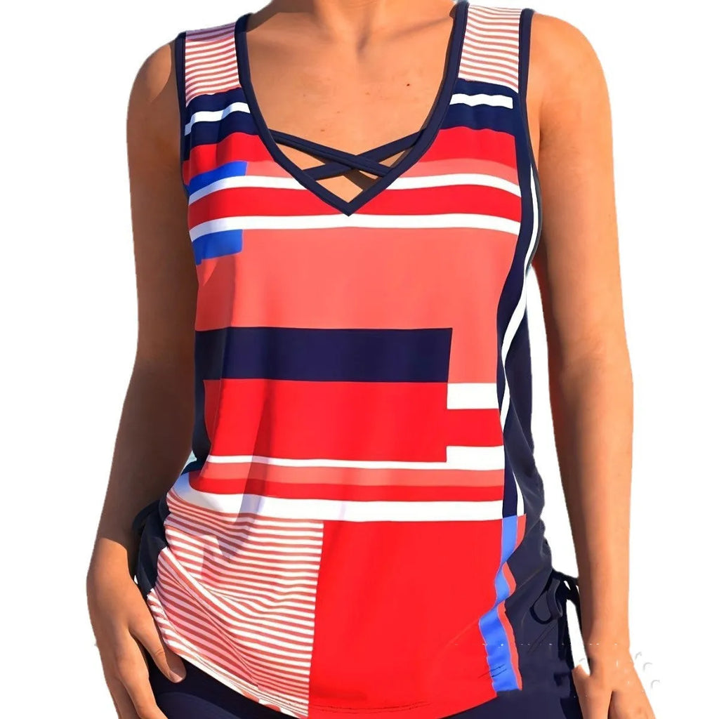 Women's printed split boxer swimsuit set with tank top and shorts in multiple colours