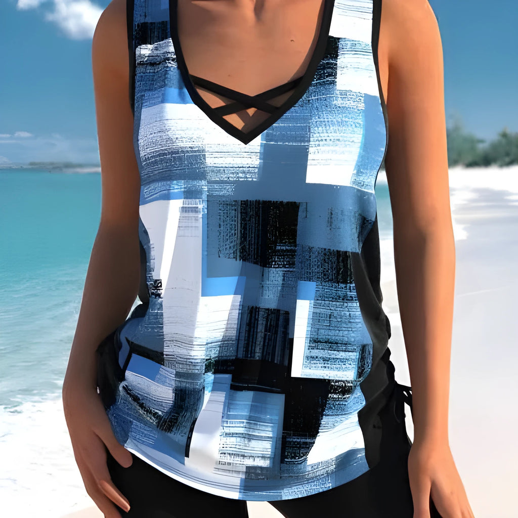 Women's printed split boxer swimsuit set with tank top and shorts in multiple colours
