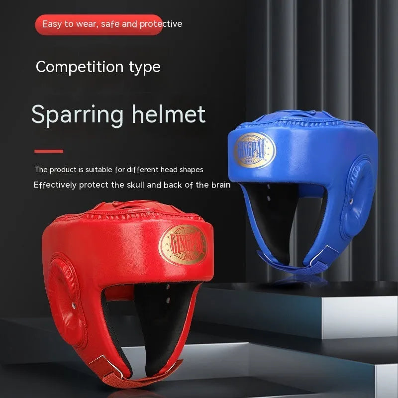 Red fully enclosed boxing helmet with jaw protection for combat training