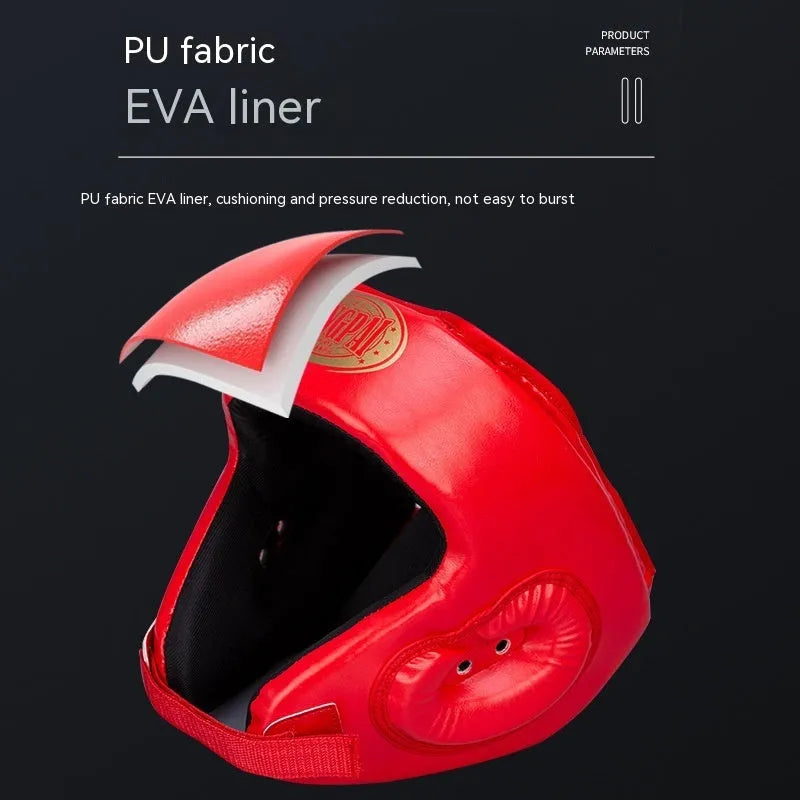 Red fully enclosed boxing helmet with jaw protection for combat training